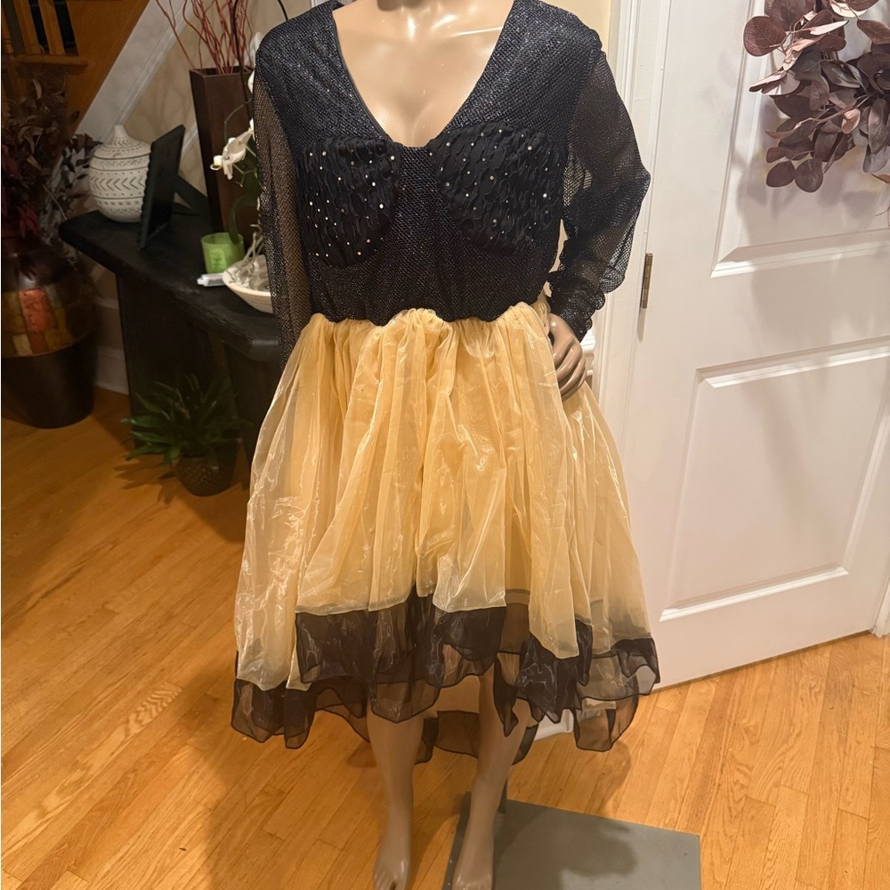 Black and Gold Dress with Sheer Sleeves